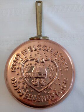 Vintage Copper Wall Hanging Pan with Welcome Friends Design, Made in Korea